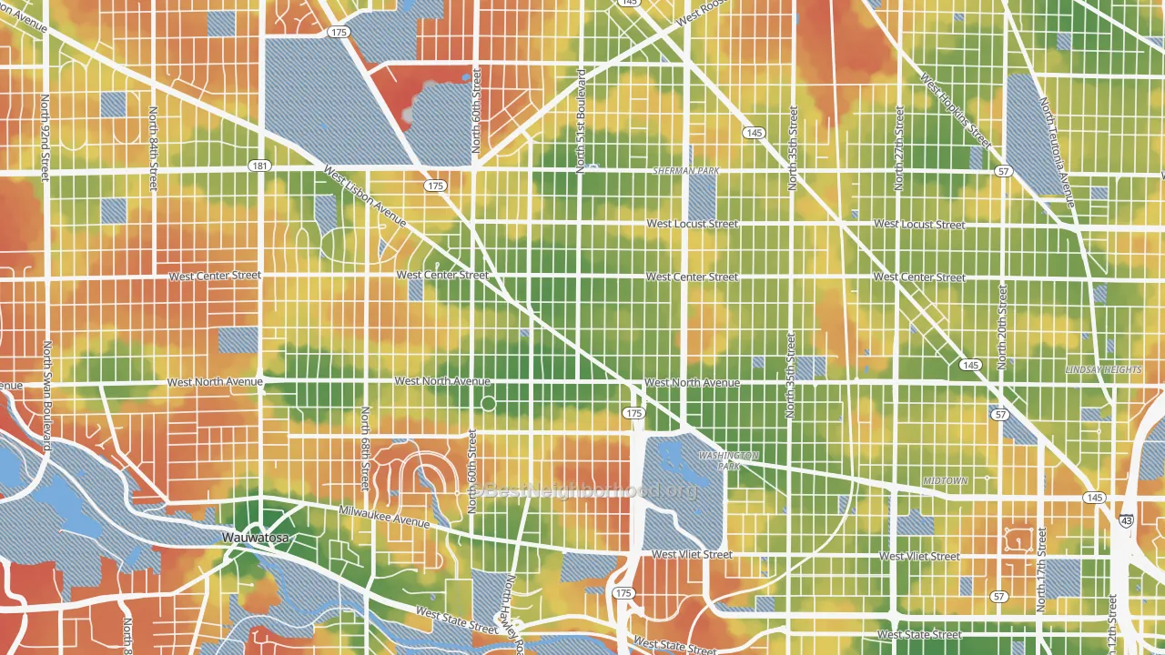 Walk Grade map of Uptown, Milwaukee, WI, walkable areas in green and car-dependent areas in red