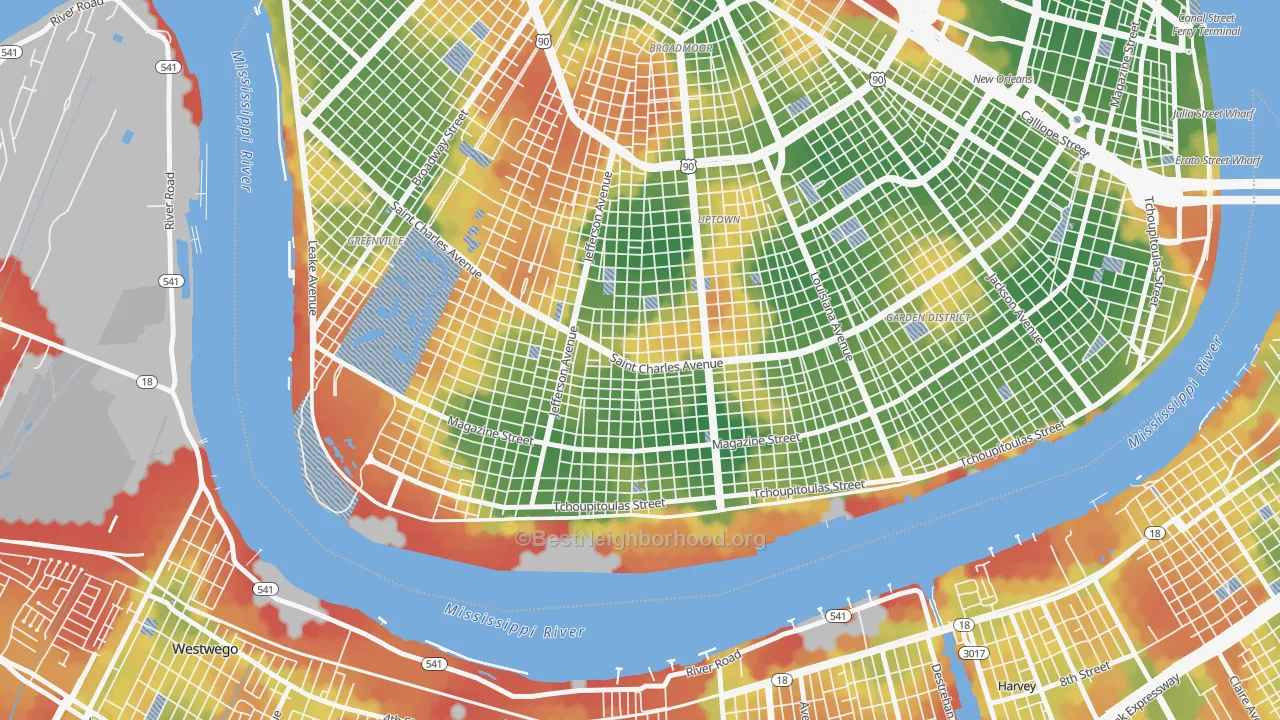 Walk Grade map of Uptown, New Orleans, LA, walkable areas in green and car-dependent areas in red