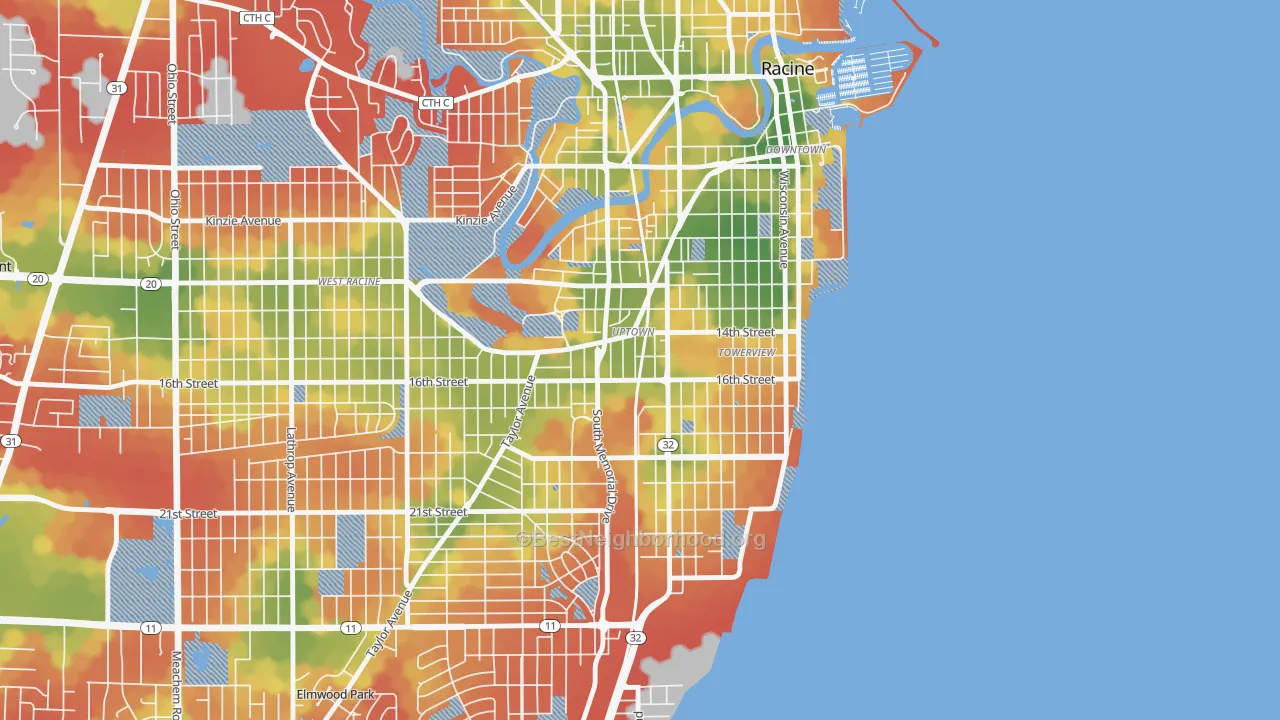 Walk Grade map of Uptown, Racine, WI, walkable areas in green and car-dependent areas in red