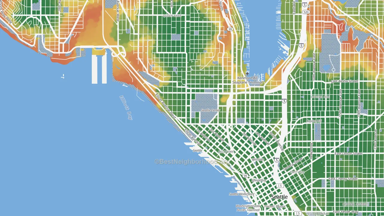 Walk Grade map of Uptown, Seattle, WA, walkable areas in green and car-dependent areas in red