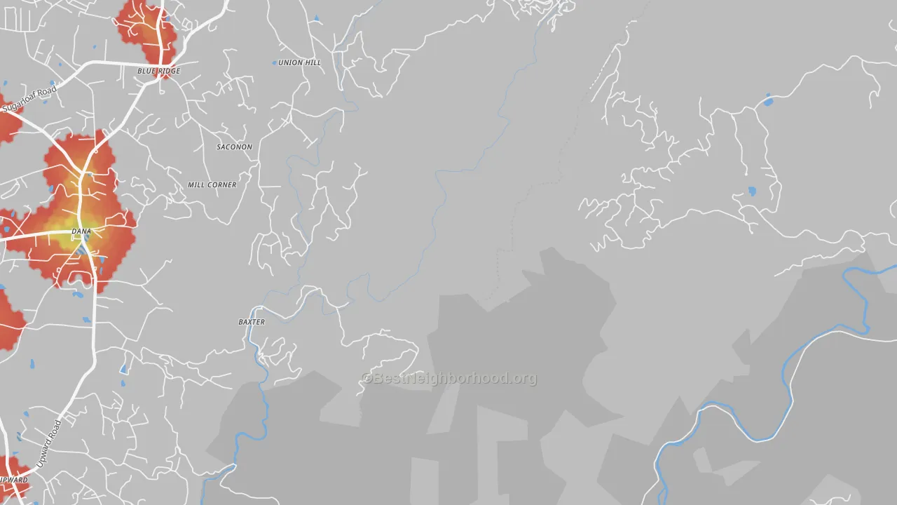 Walk Grade map of Upward, NC, walkable areas in green and car-dependent areas in red