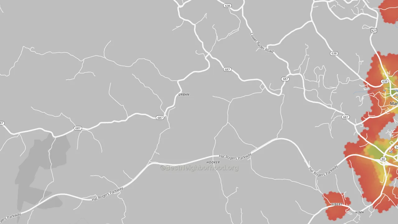 Walk Grade map of Urban, KY, walkable areas in green and car-dependent areas in red
