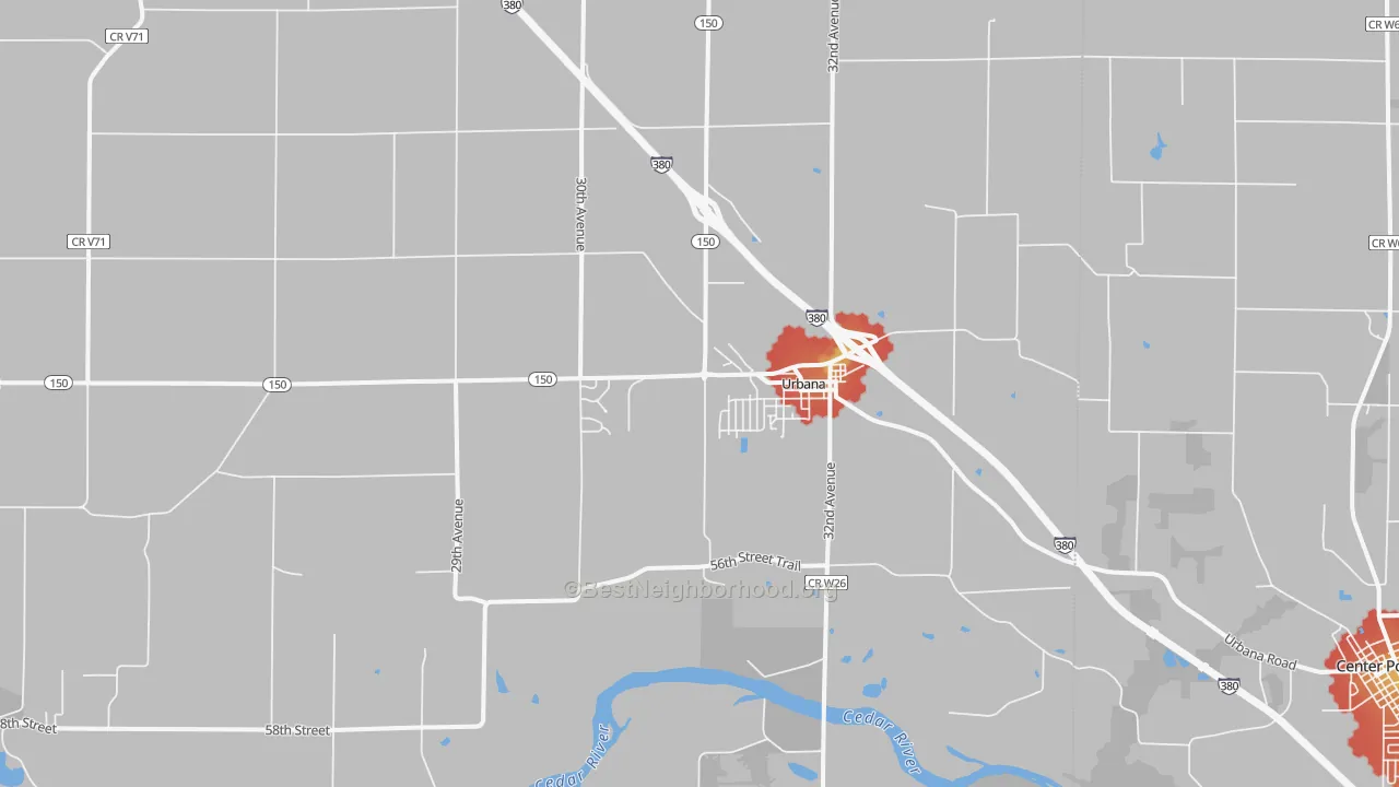 Walk Grade map of Urbana, IA, walkable areas in green and car-dependent areas in red