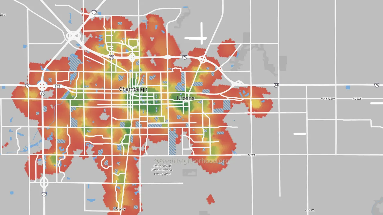 Walk Grade map of Urbana, IL, walkable areas in green and car-dependent areas in red