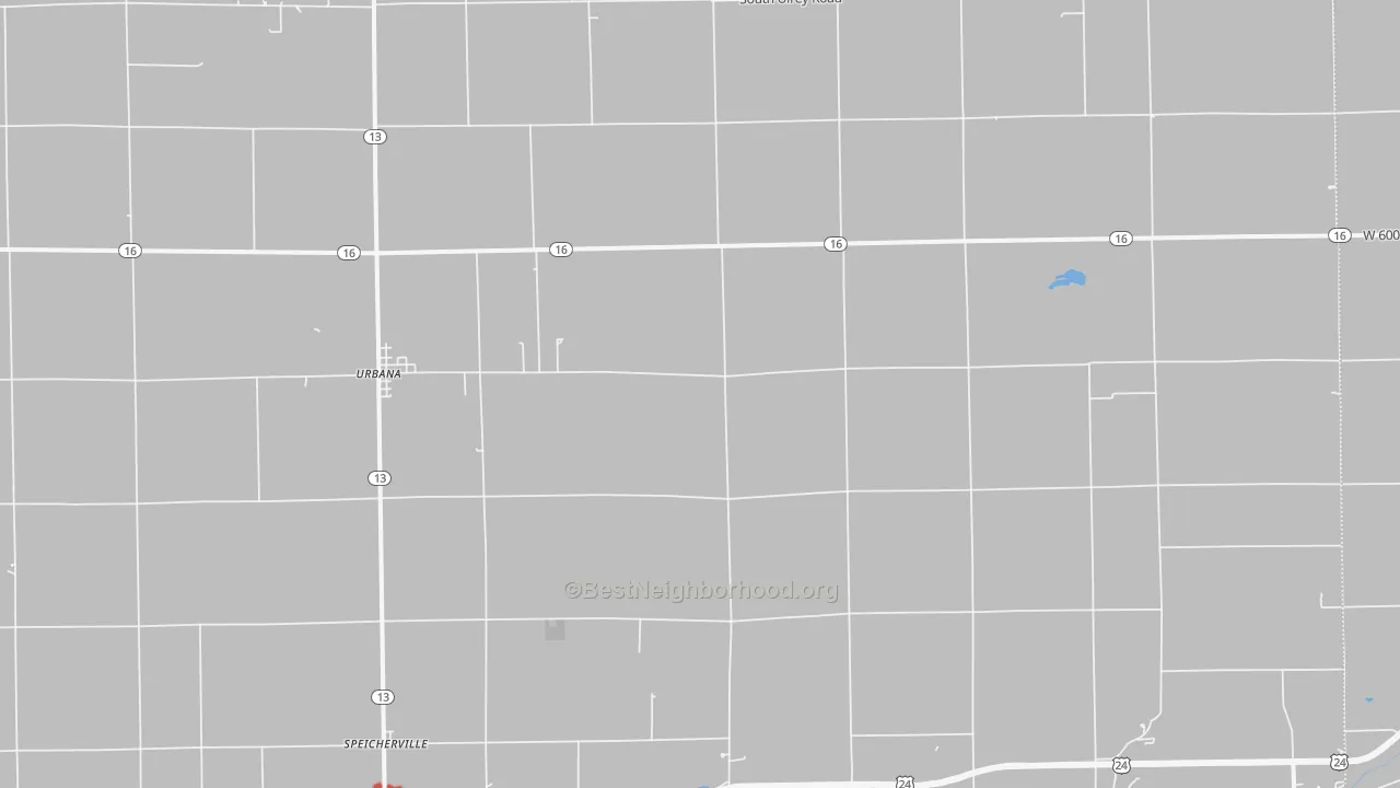 Walk Grade map of Urbana, IN, walkable areas in green and car-dependent areas in red