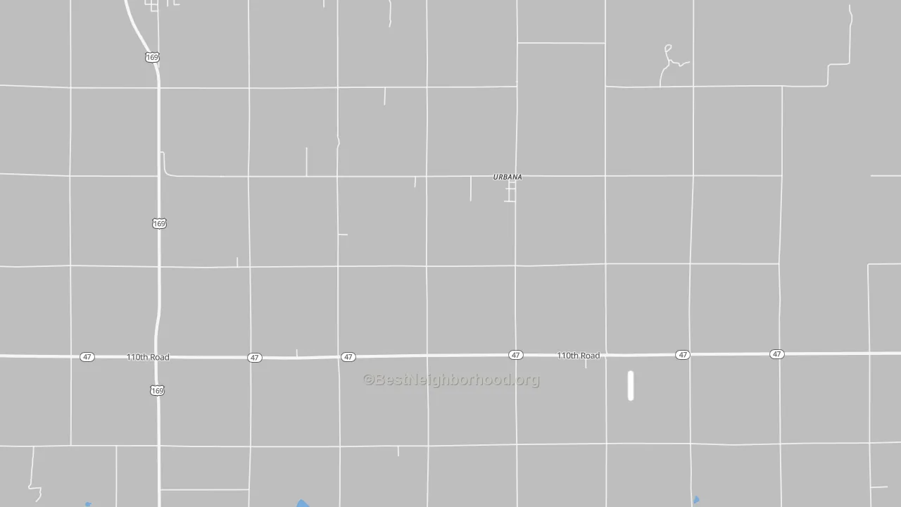 Walk Grade map of Urbana, KS, walkable areas in green and car-dependent areas in red