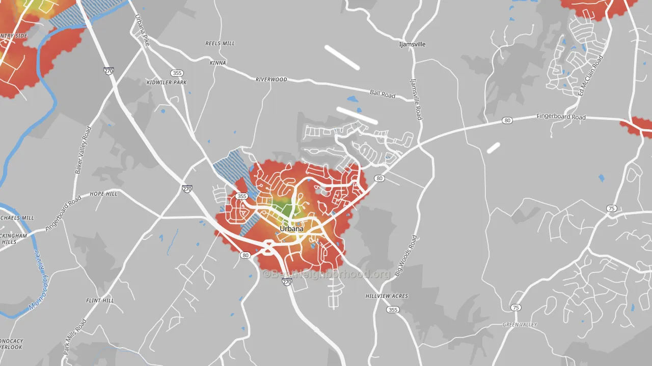Walk Grade map of Urbana, MD, walkable areas in green and car-dependent areas in red