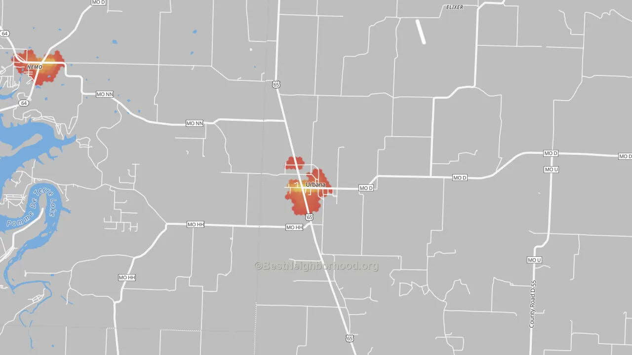 Walk Grade map of Urbana, MO, walkable areas in green and car-dependent areas in red