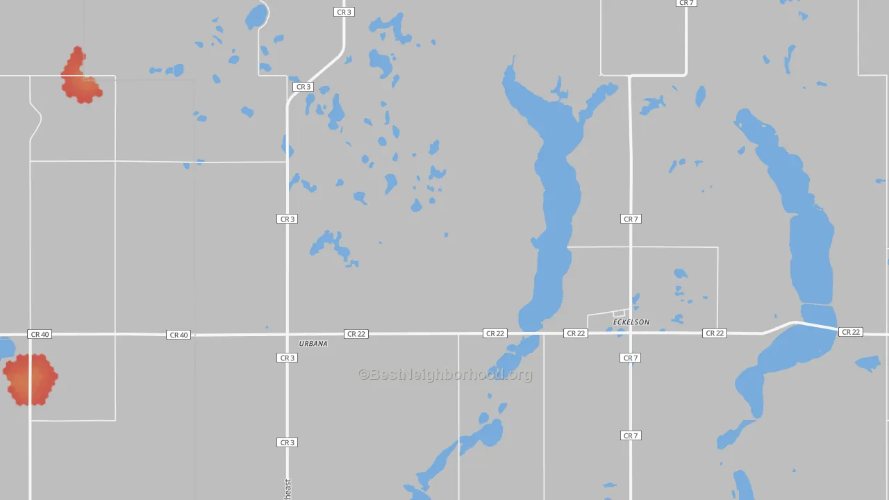 Walk Grade map of Urbana, ND, walkable areas in green and car-dependent areas in red