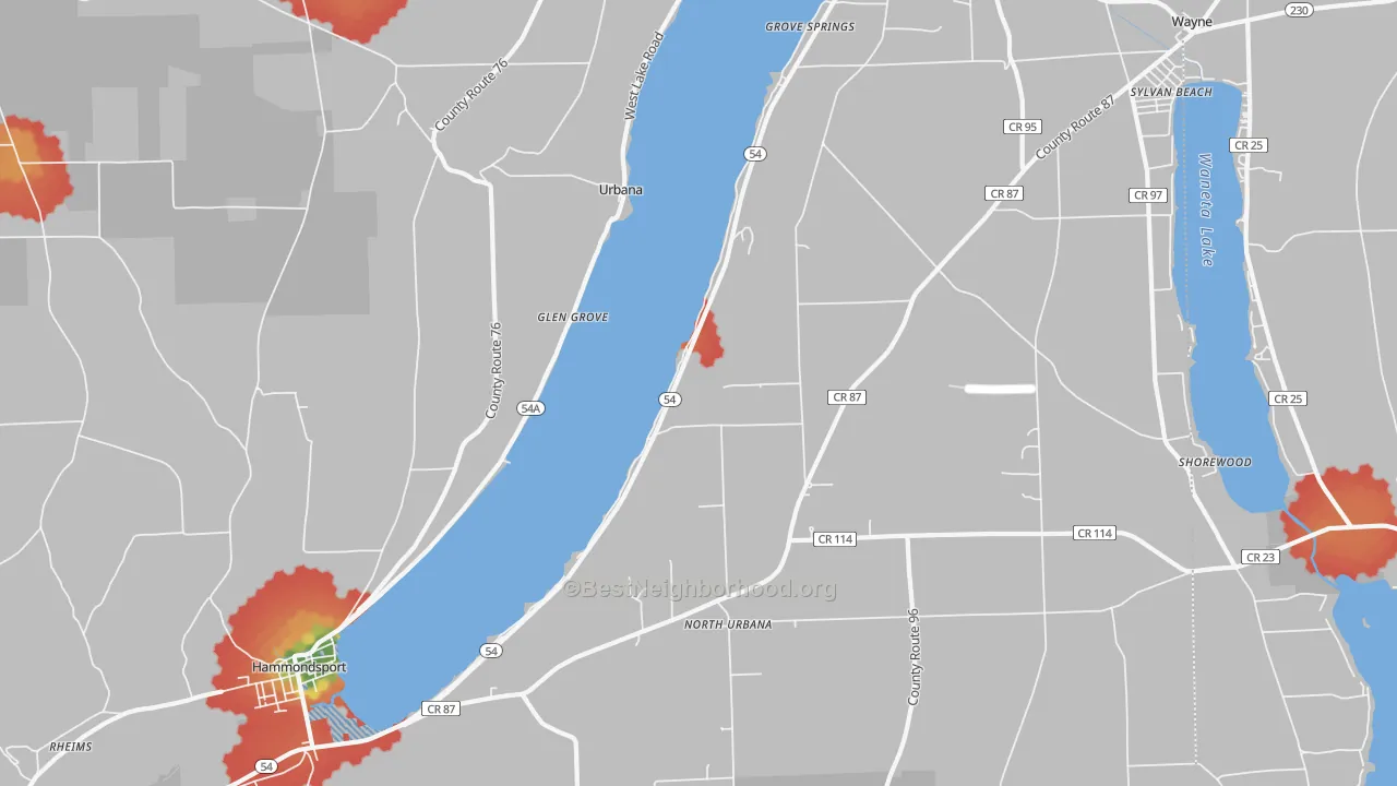 Walk Grade map of Urbana, NY, walkable areas in green and car-dependent areas in red