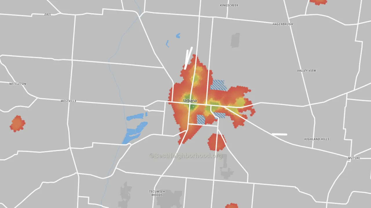 Walk Grade map of Urbana, OH, walkable areas in green and car-dependent areas in red