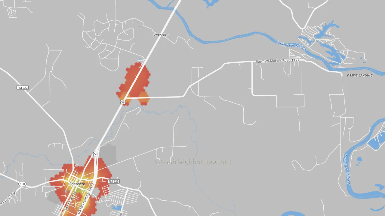 Walk Grade map of Urbana, TX, walkable areas in green and car-dependent areas in red