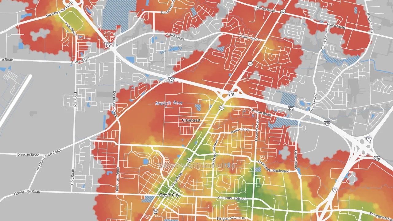 Walk Grade map of Urbancrest, OH, walkable areas in green and car-dependent areas in red