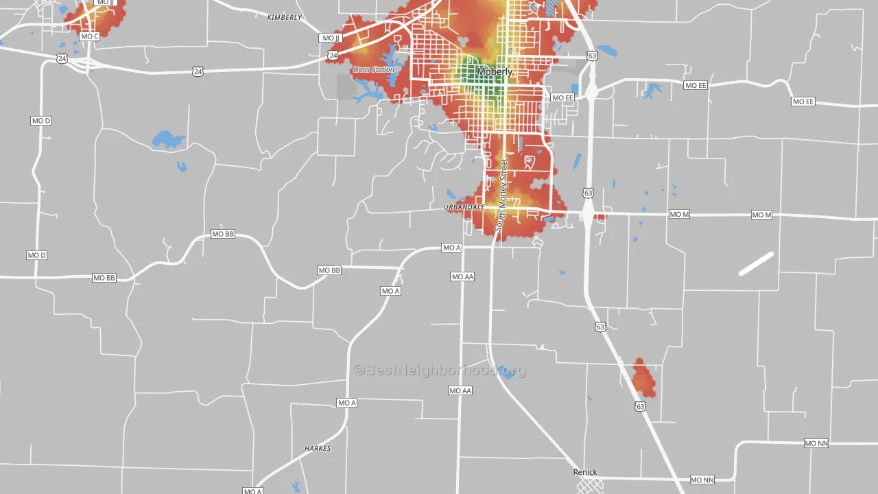 Walk Grade map of Urbandale, MO, walkable areas in green and car-dependent areas in red