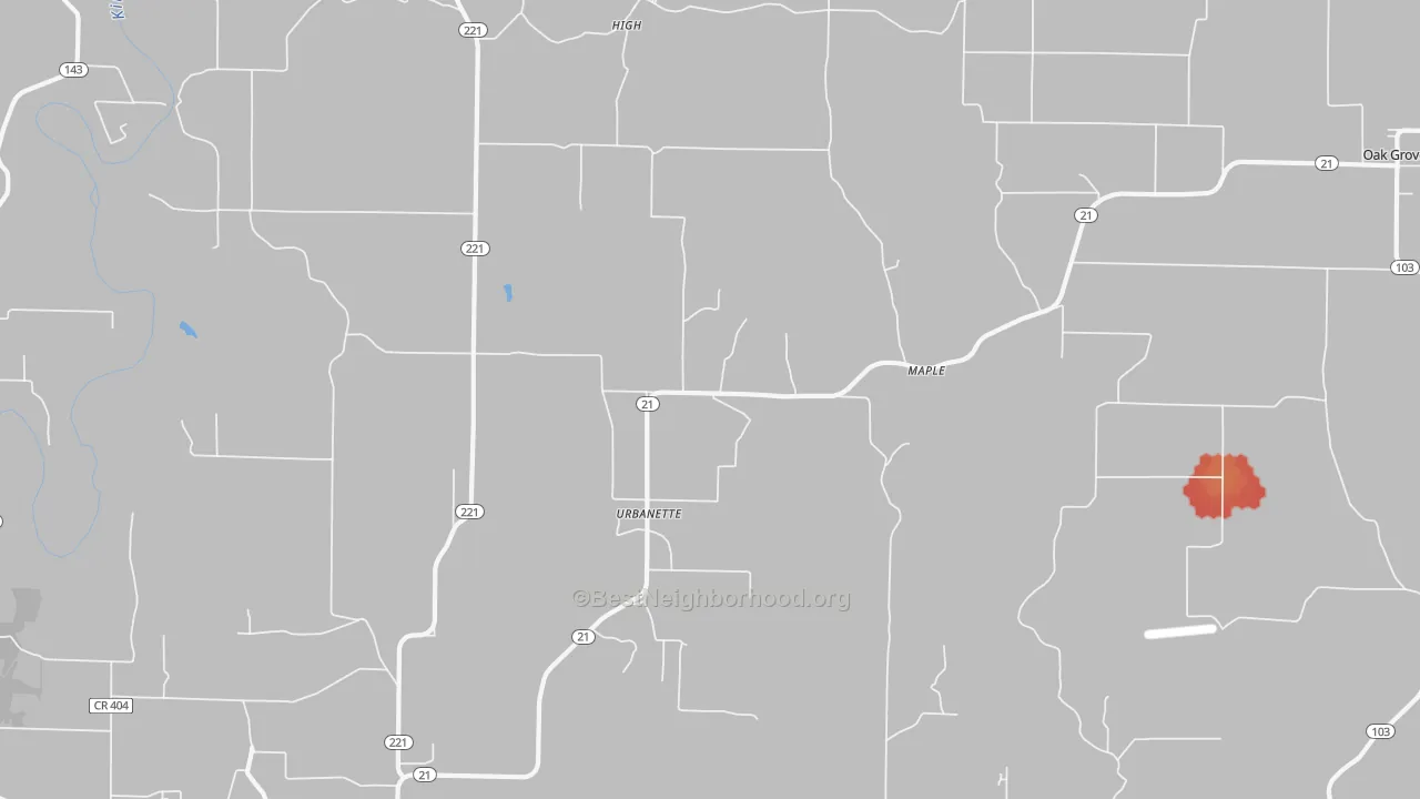 Walk Grade map of Urbanette, AR, walkable areas in green and car-dependent areas in red