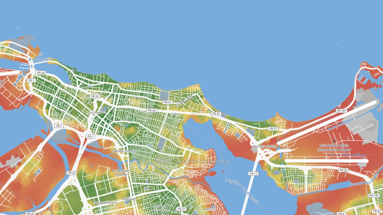 Walk Grade map of Urbanizacion Atlantic View, San Juan, PR, walkable areas in green and car-dependent areas in red
