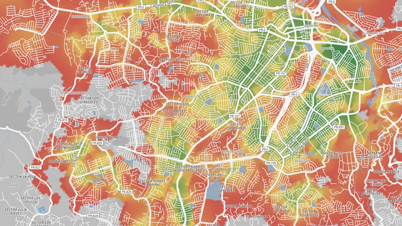 Walk Grade map of Urbanizacion Bayamon Gdns, Bayamon, PR, walkable areas in green and car-dependent areas in red