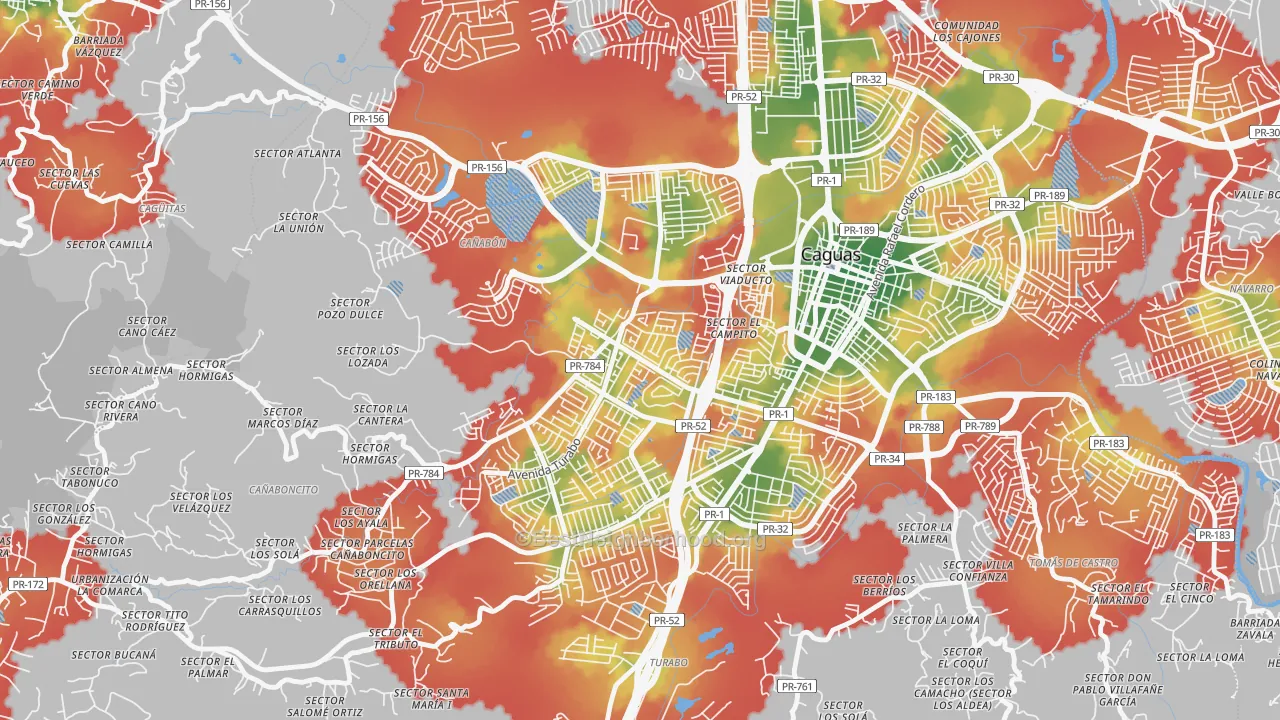 Walk Grade map of Urbanizacion Bonneville Hts, Caguas, PR, walkable areas in green and car-dependent areas in red