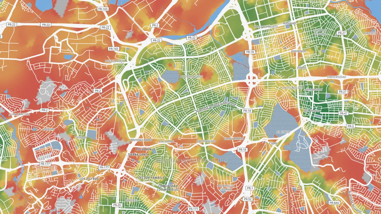 Walk Grade map of Urbanizacion Caparra Terrace, San Juan, PR, walkable areas in green and car-dependent areas in red