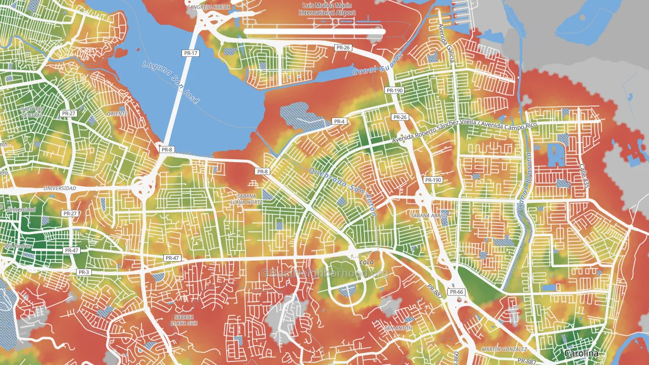 Walk Grade map of Urbanizacion Country Club, San Juan, PR, walkable areas in green and car-dependent areas in red