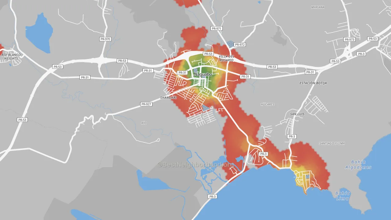 Walk Grade map of Urbanizacion Diplo, Naguabo, PR, walkable areas in green and car-dependent areas in red