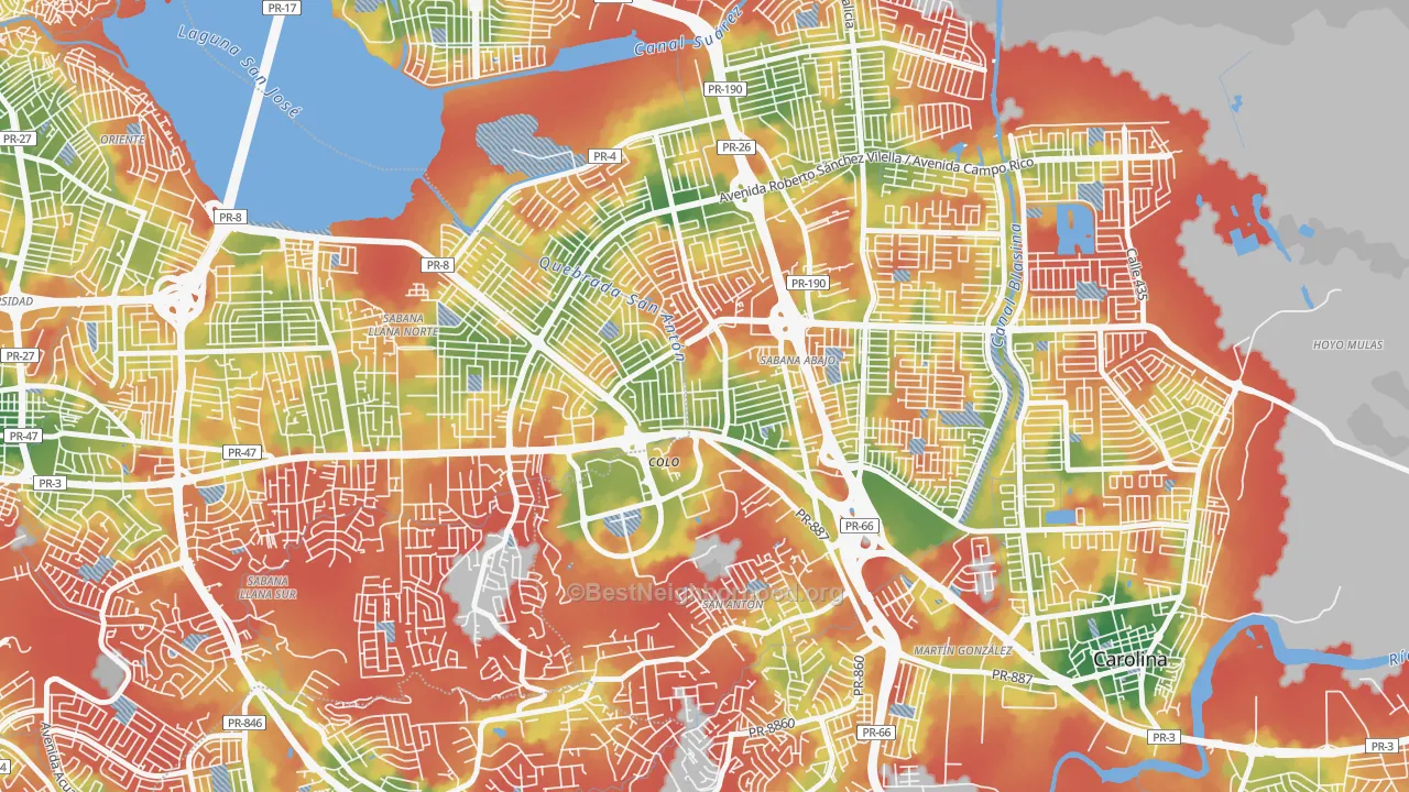 Walk Grade map of Urbanizacion El Comandante, Carolina, PR, walkable areas in green and car-dependent areas in red
