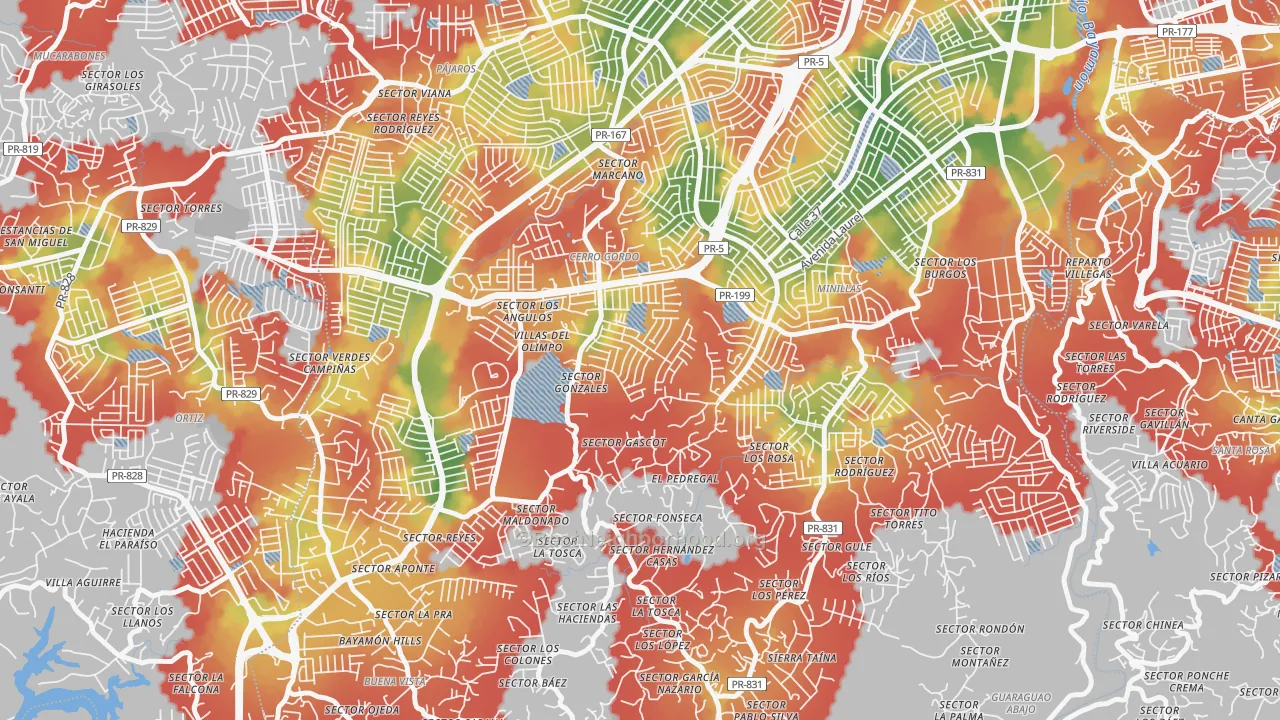 Walk Grade map of Urbanizacion El Cortijo, Bayamon, PR, walkable areas in green and car-dependent areas in red