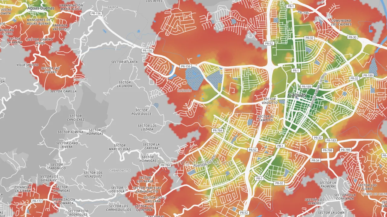 Walk Grade map of Urbanizacion El Valle At Los Prados, Caguas, PR, walkable areas in green and car-dependent areas in red