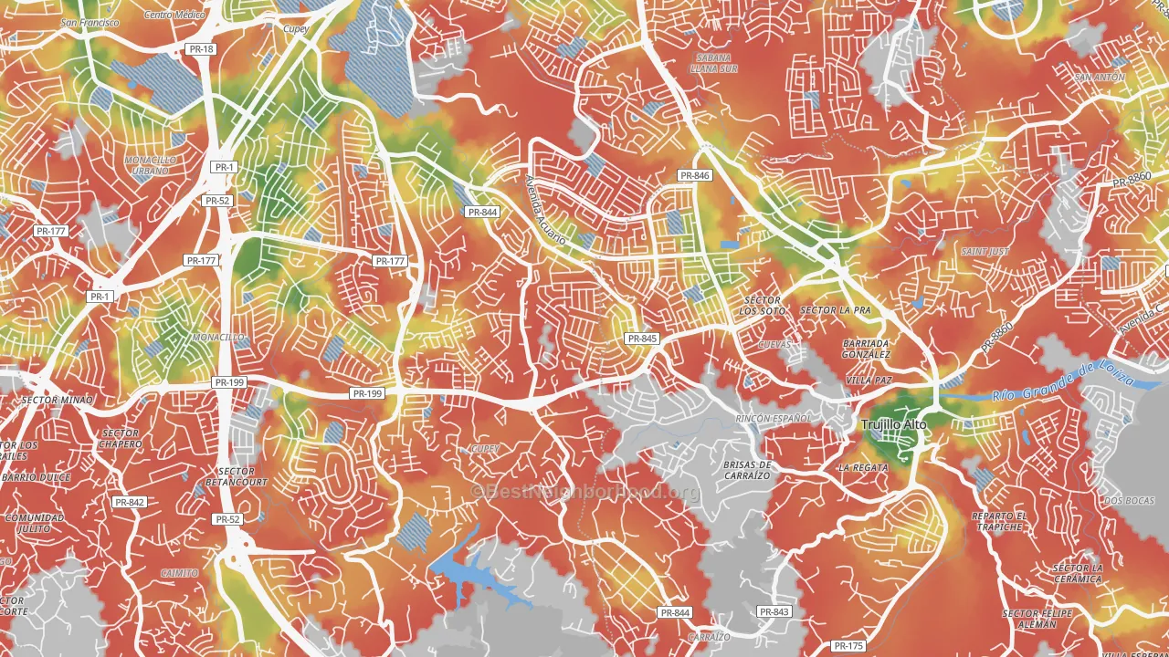 Walk Grade map of Urbanizacion Fairview, San Juan, PR, walkable areas in green and car-dependent areas in red
