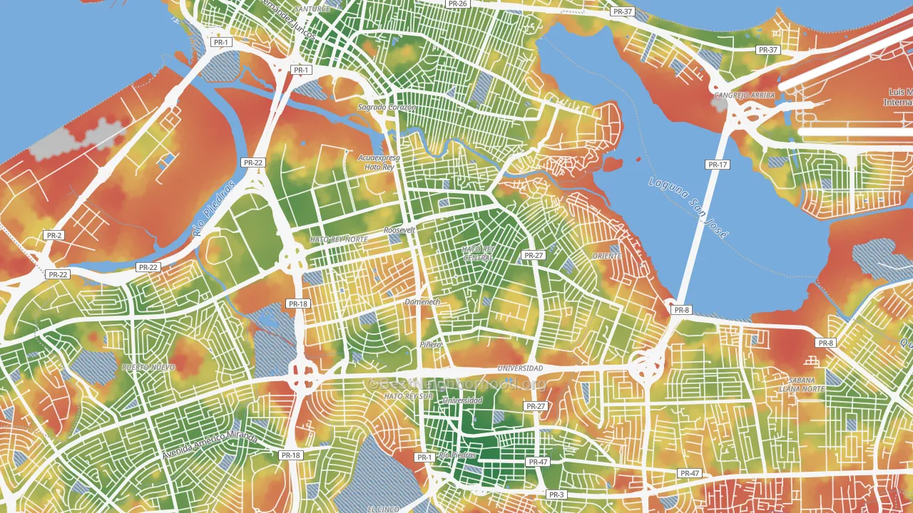 Walk Grade map of Urbanizacion Floral Park, San Juan, PR, walkable areas in green and car-dependent areas in red