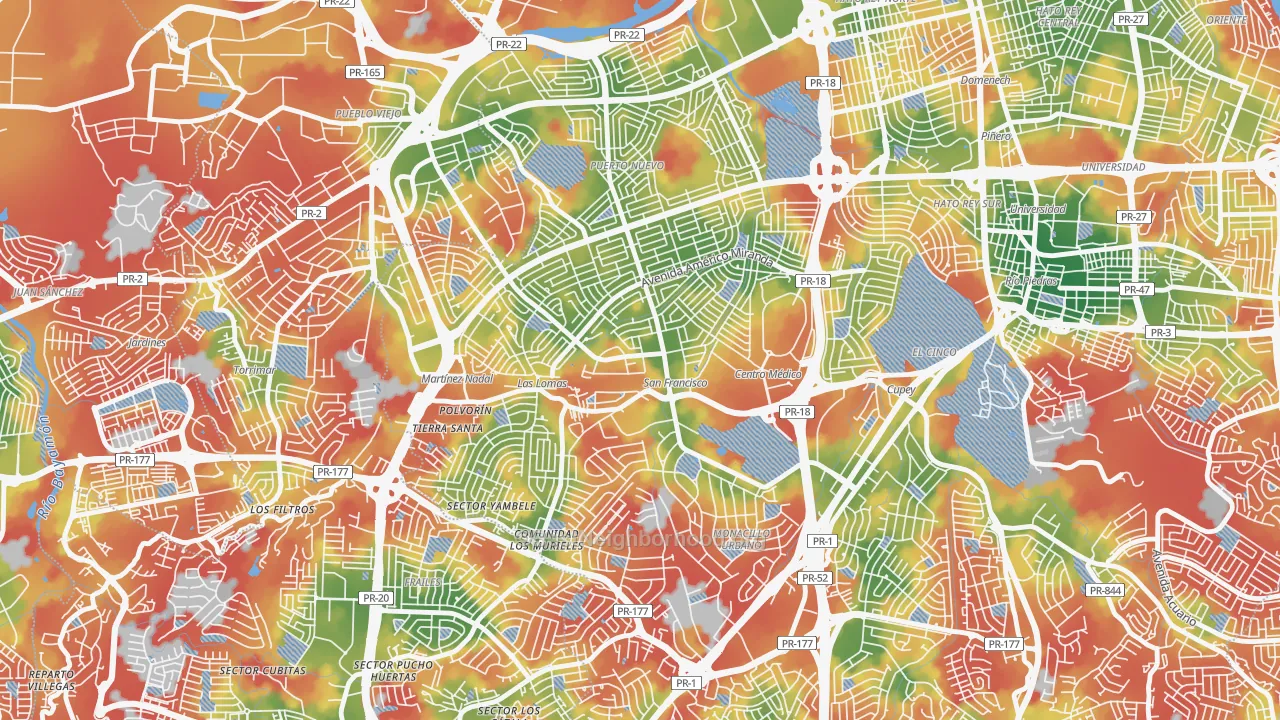 Walk Grade map of Urbanizacion La Riviera, San Juan, PR, walkable areas in green and car-dependent areas in red