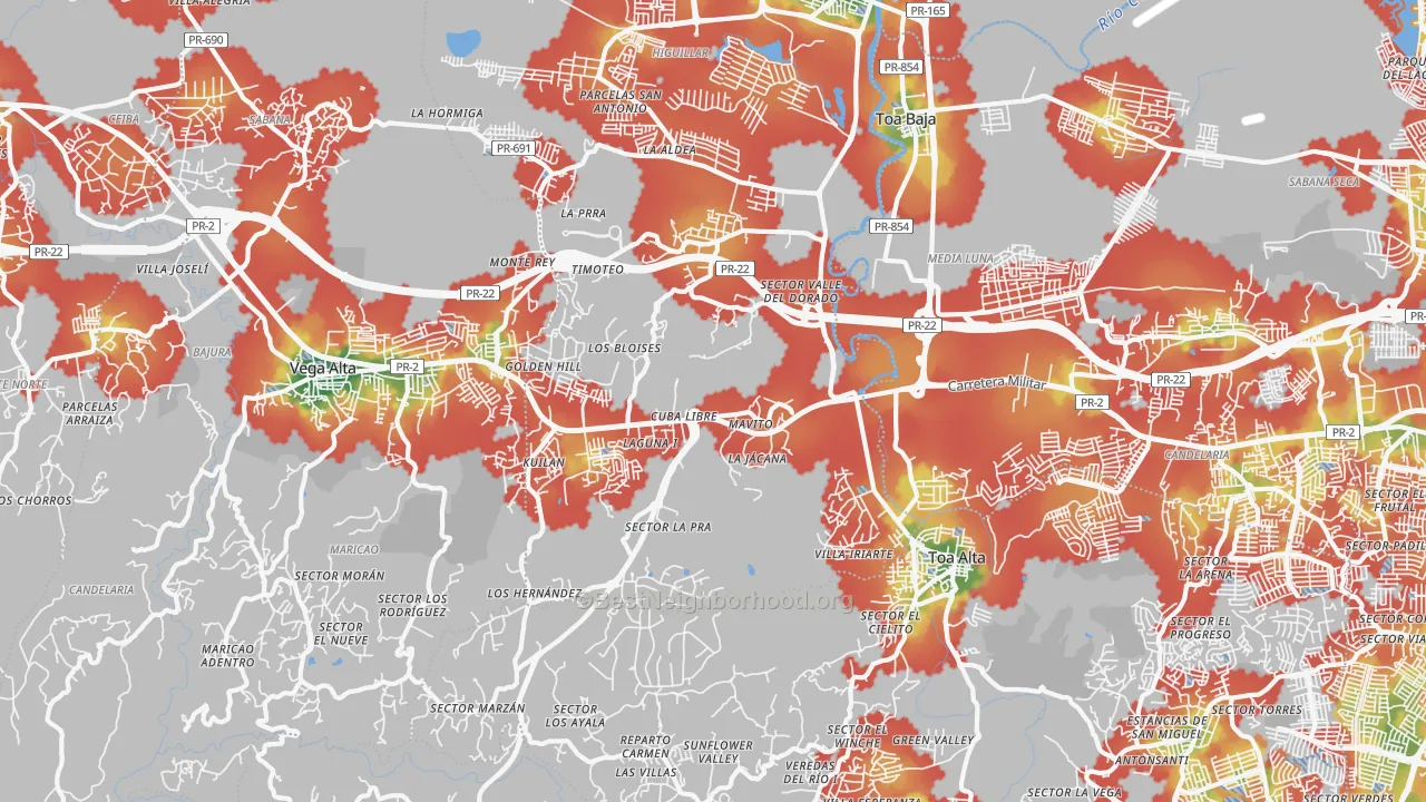 Walk Grade map of Urbanizacion Las Colinas, Dorado, PR, walkable areas in green and car-dependent areas in red