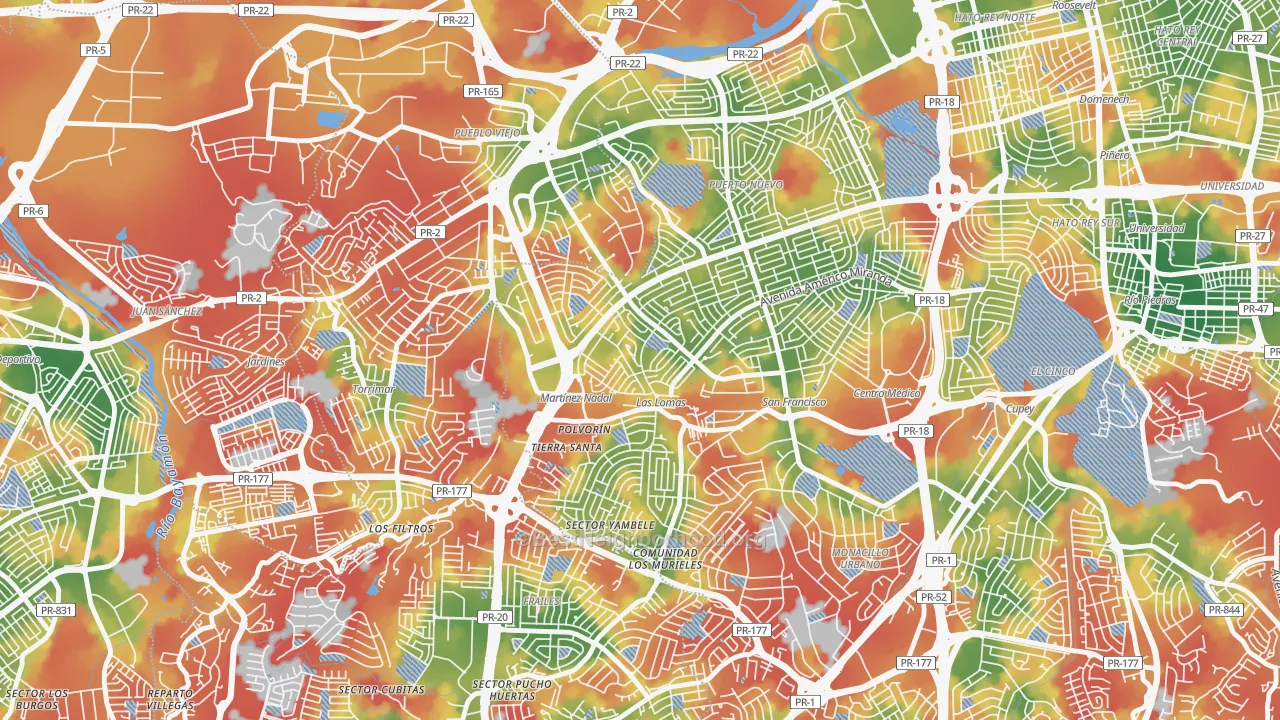 Walk Grade map of Urbanizacion Las Lomas, San Juan, PR, walkable areas in green and car-dependent areas in red