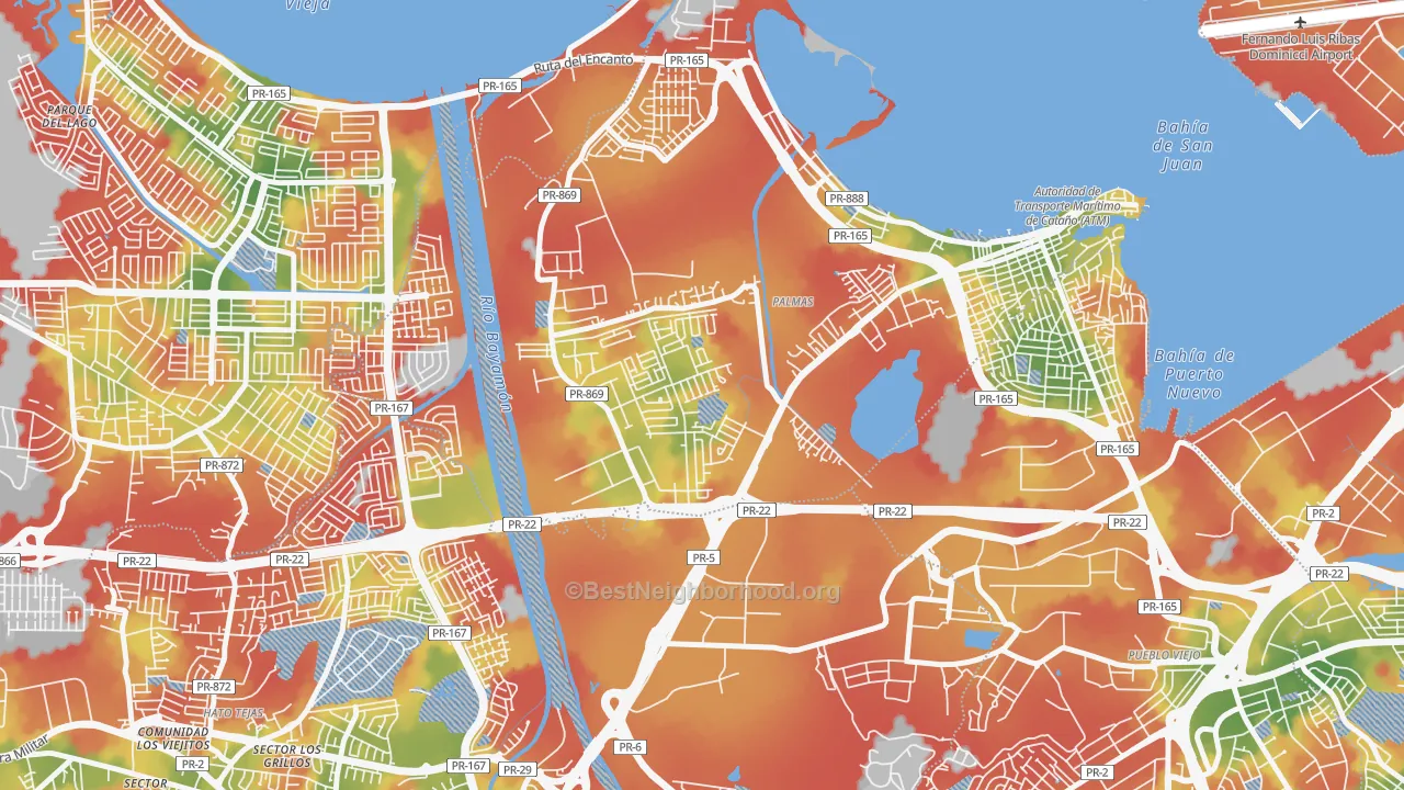 Walk Grade map of Urbanizacion Las Vegas, Catano, PR, walkable areas in green and car-dependent areas in red