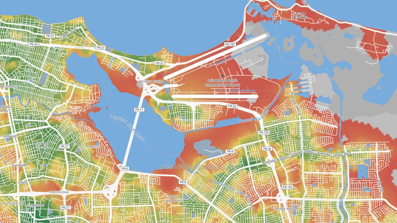 Walk Grade map of Urbanizacion Los Angeles, Carolina, PR, walkable areas in green and car-dependent areas in red