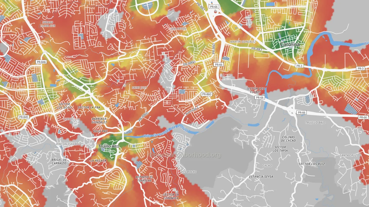 Walk Grade map of Urbanizacion Metropolis, Carolina, PR, walkable areas in green and car-dependent areas in red