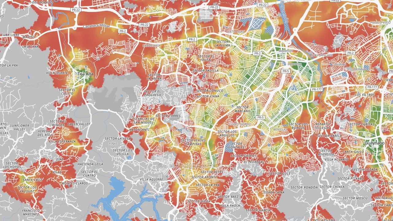 Walk Grade map of Urbanizacion Miraflores, Bayamon, PR, walkable areas in green and car-dependent areas in red