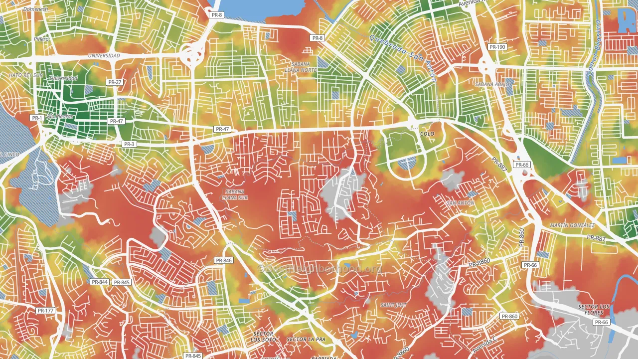 Walk Grade map of Urbanizacion Monte Carlo-San Juan, San Juan, PR, walkable areas in green and car-dependent areas in red