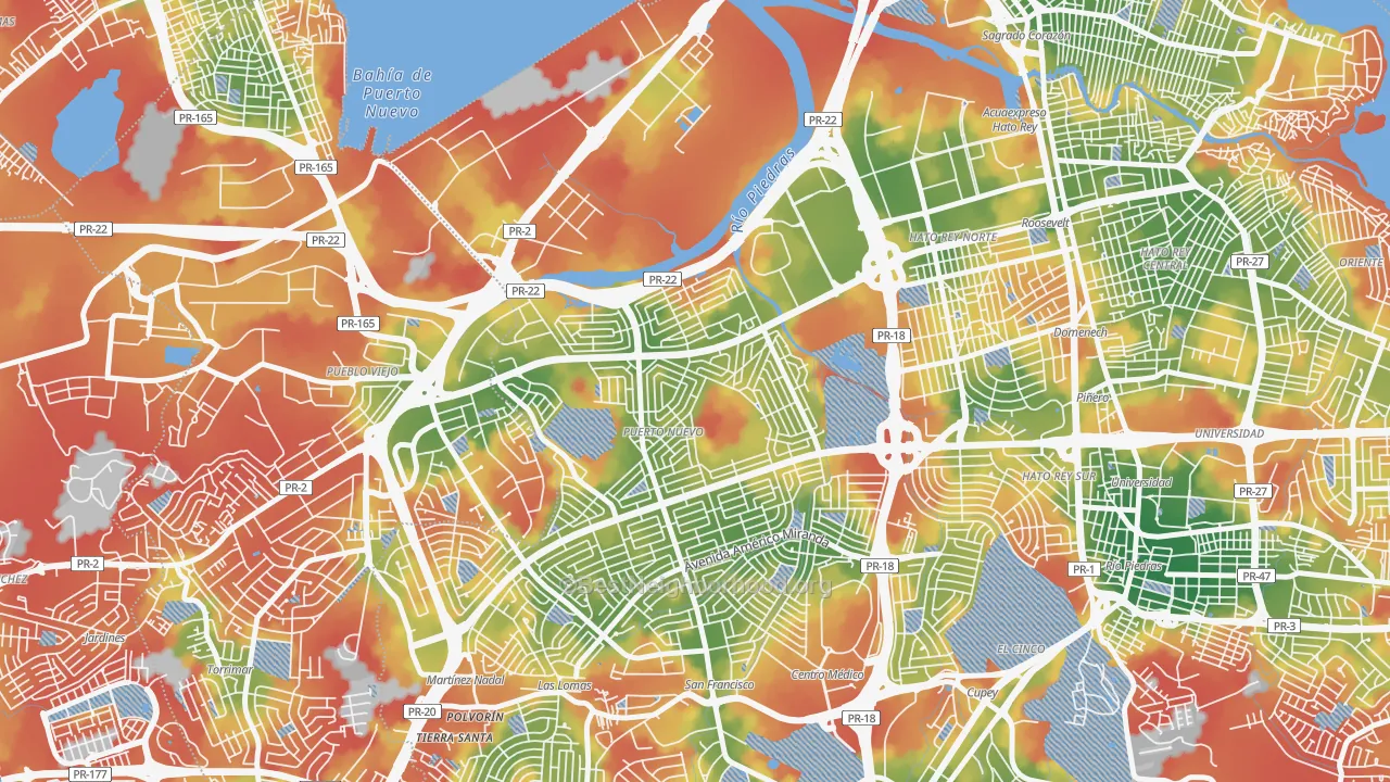 Walk Grade map of Urbanizacion Puerto Nuevo, San Juan, PR, walkable areas in green and car-dependent areas in red