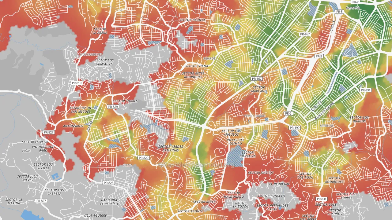 Walk Grade map of Urbanizacion Rexville, Bayamon, PR, walkable areas in green and car-dependent areas in red