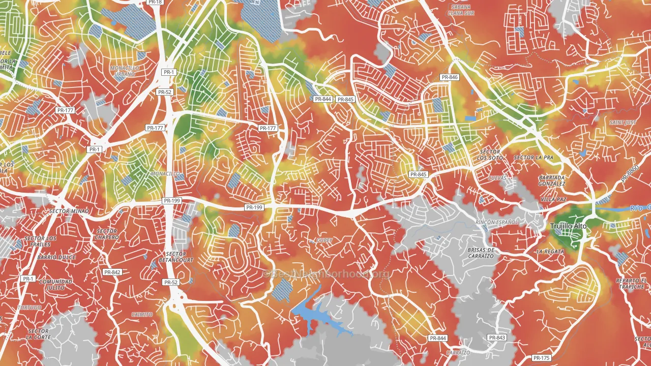 Walk Grade map of Urbanizacion Rivieras de Cupey, San Juan, PR, walkable areas in green and car-dependent areas in red