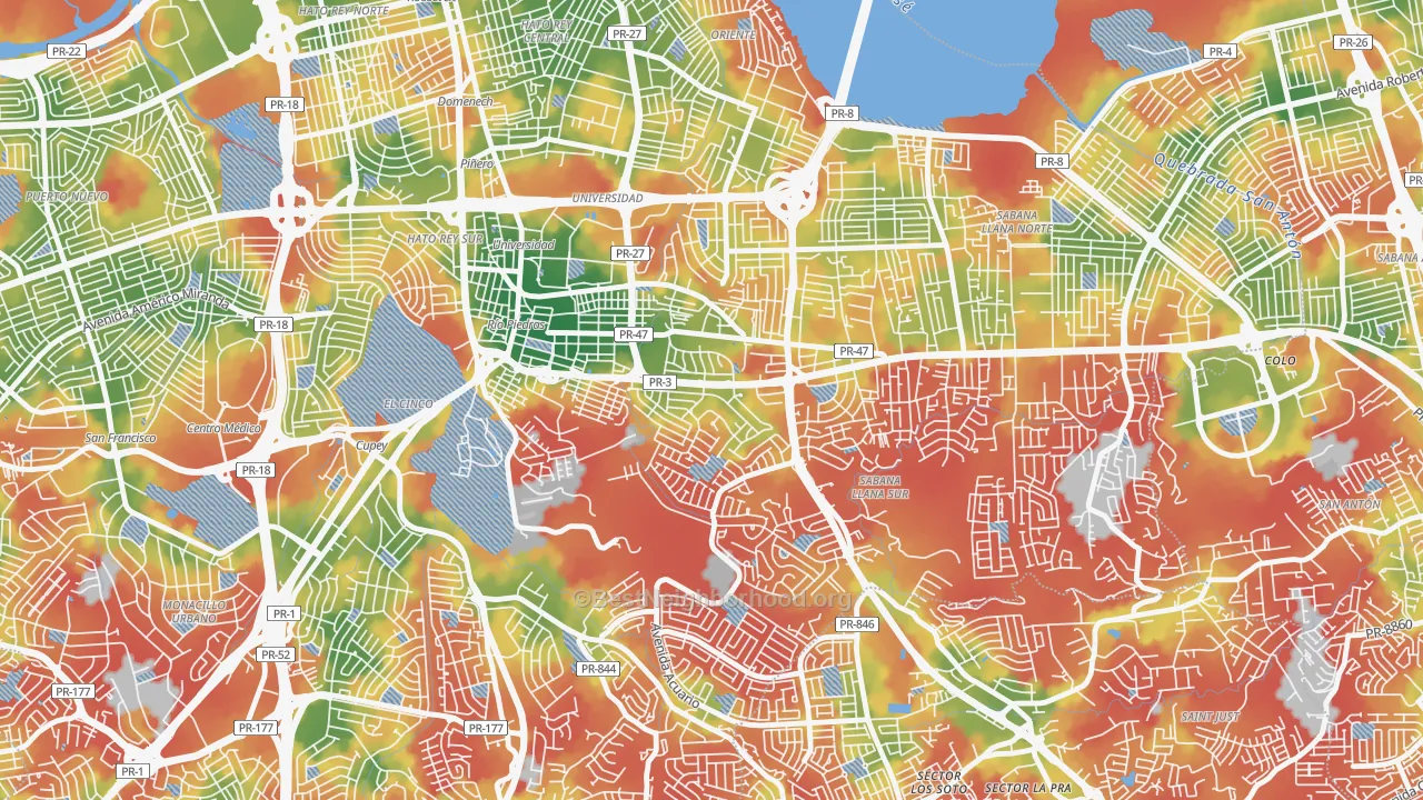 Walk Grade map of Urbanizacion San Agustin, San Juan, PR, walkable areas in green and car-dependent areas in red