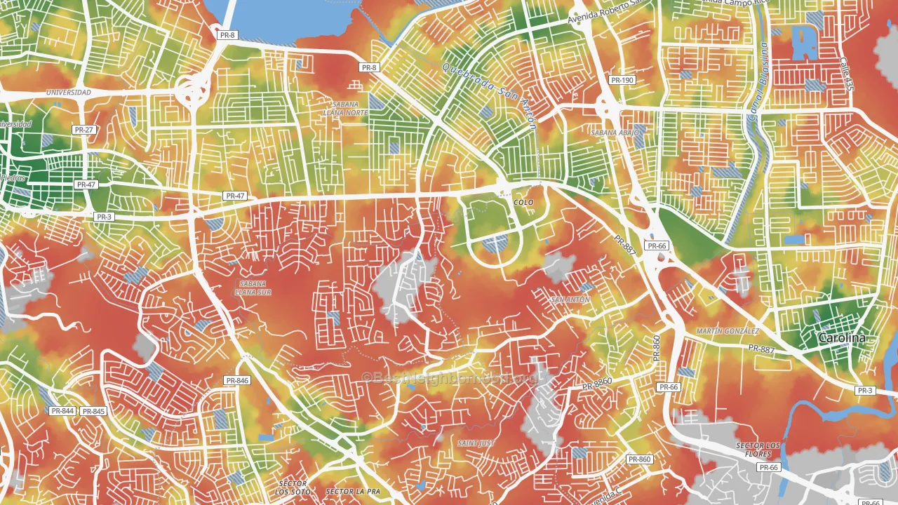 Walk Grade map of Urbanizacion San Martin, San Juan, PR, walkable areas in green and car-dependent areas in red