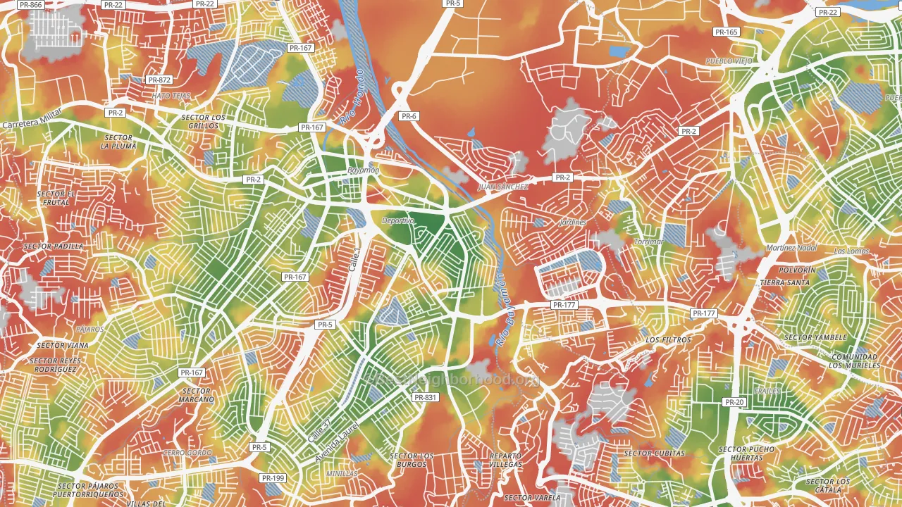 Walk Grade map of Urbanizacion Santa Rosa, Bayamon, PR, walkable areas in green and car-dependent areas in red