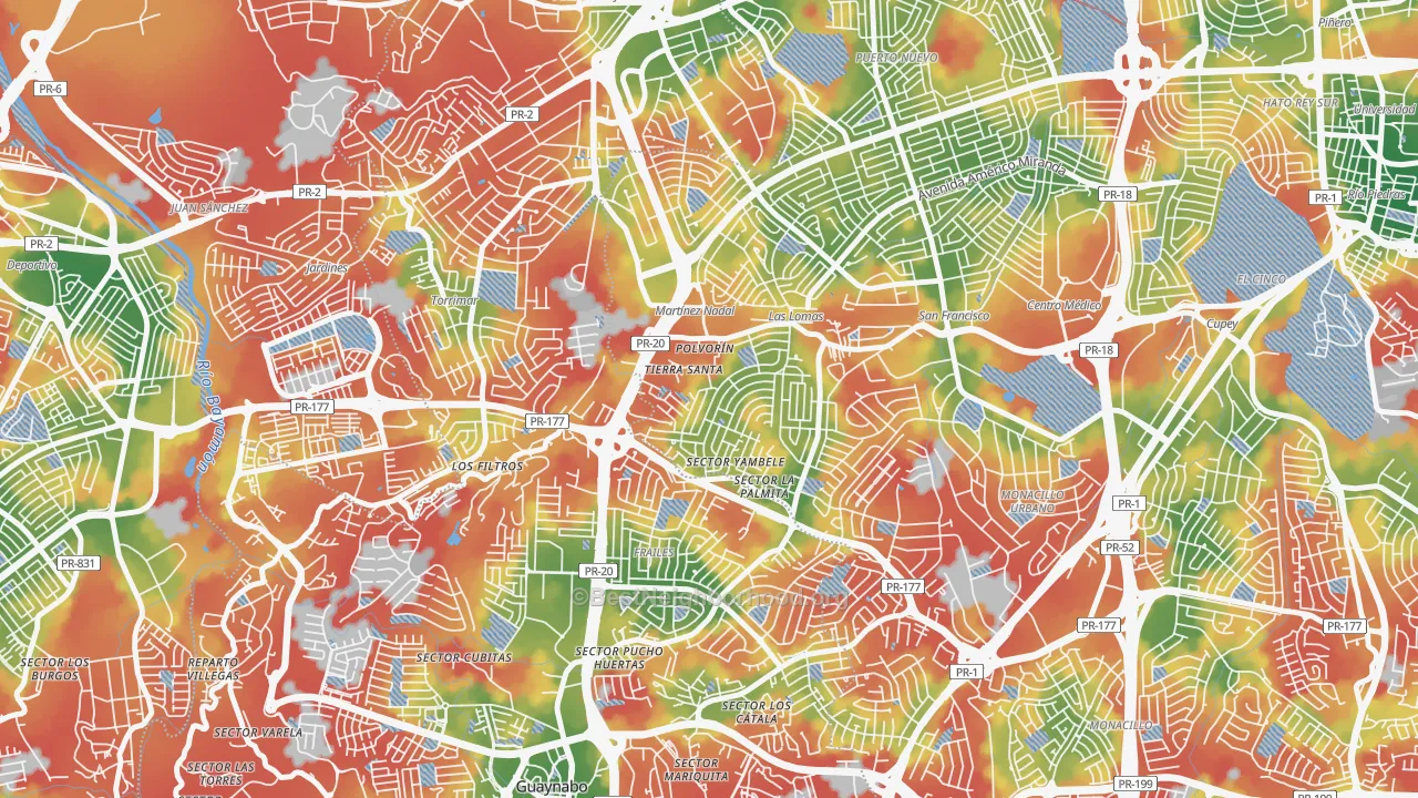 Walk Grade map of Urbanizacion Santiago Iglesias, San Juan, PR, walkable areas in green and car-dependent areas in red