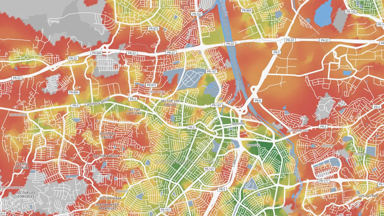 Walk Grade map of Urbanizacion Sierra Bayamon, Bayamon, PR, walkable areas in green and car-dependent areas in red
