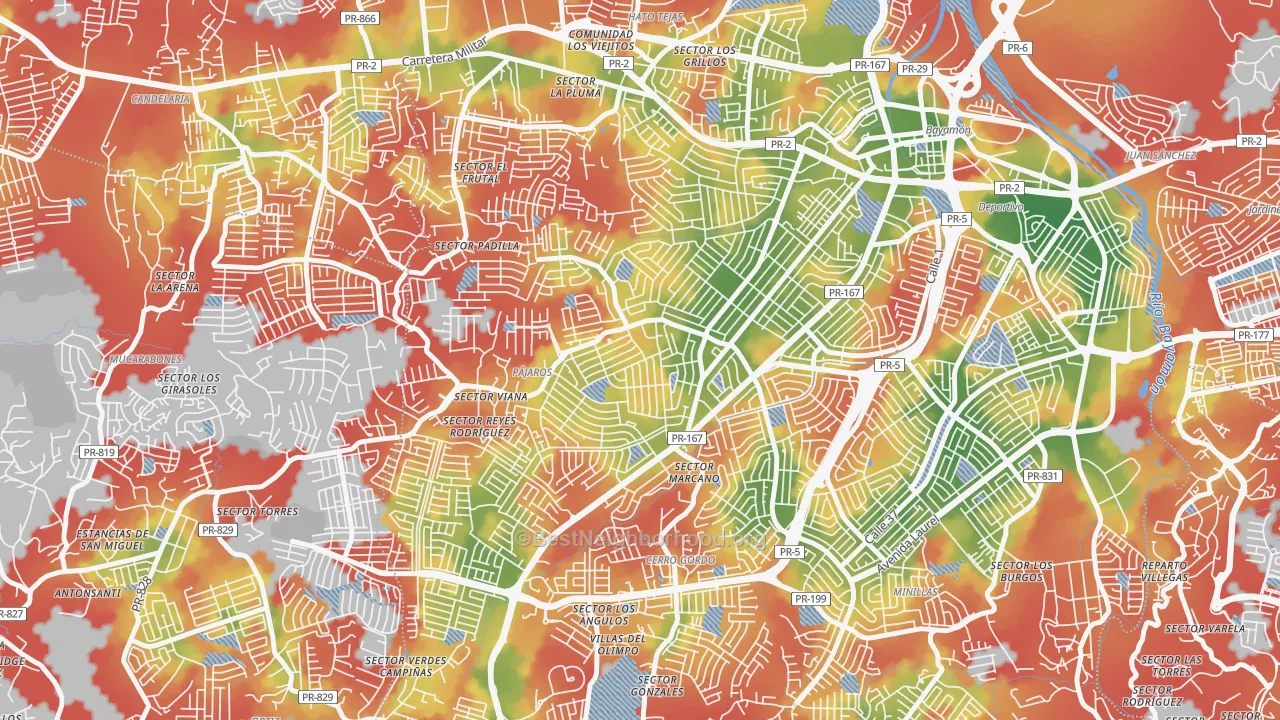 Walk Grade map of Urbanizacion Sierra Linda, Bayamon, PR, walkable areas in green and car-dependent areas in red