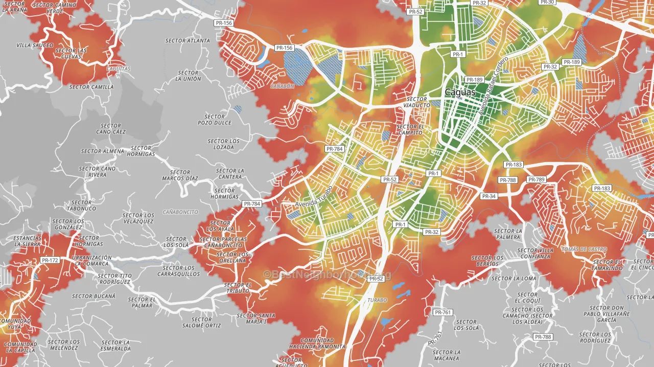 Walk Grade map of Urbanizacion Turabo Gdns, Caguas, PR, walkable areas in green and car-dependent areas in red