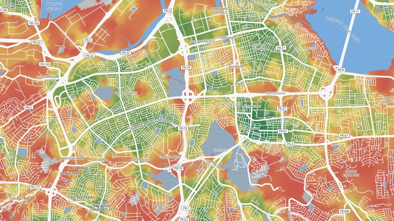 Walk Grade map of Urbanizacion University Gdns, San Juan, PR, walkable areas in green and car-dependent areas in red