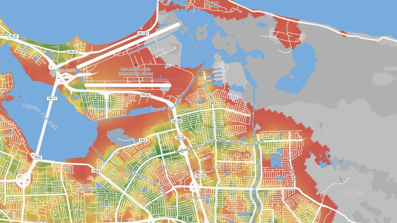 Walk Grade map of Urbanizacion Vistamar, Carolina, PR, walkable areas in green and car-dependent areas in red